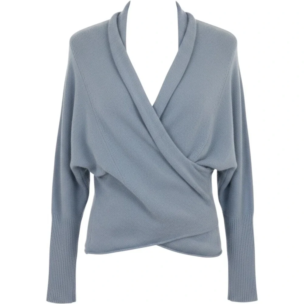 Margaret O'Leary 100% Cashmere Wrap Front Surplice Sweater Light Blue Small